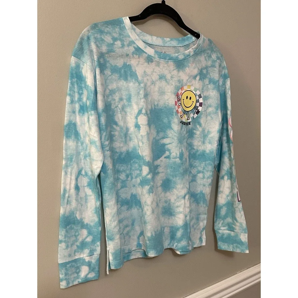 Justice Girls Oversize Top Turquoise 11/14 LargeTie Dye Long Sleeve Graphic Logo